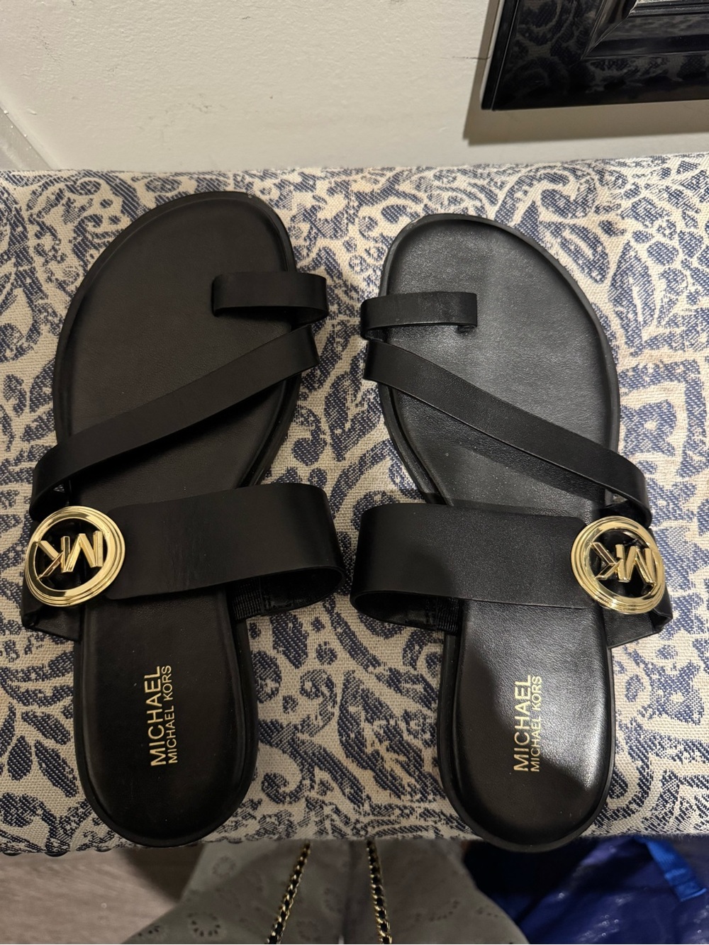 Michael Kors Black Leather Slide Sandals with Gold MK Medallion